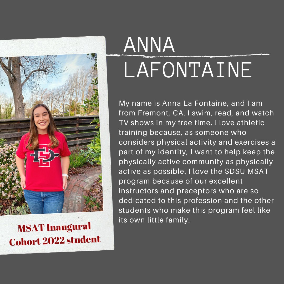 sdsu_fats's tweet photo. Meet one of our first MSAT cohorts Anna Lafontaine! Anna joins us as part of our inaugural cohort for our new Master of Science in Athletic Training program. https://t.co/2JXP5RobQO