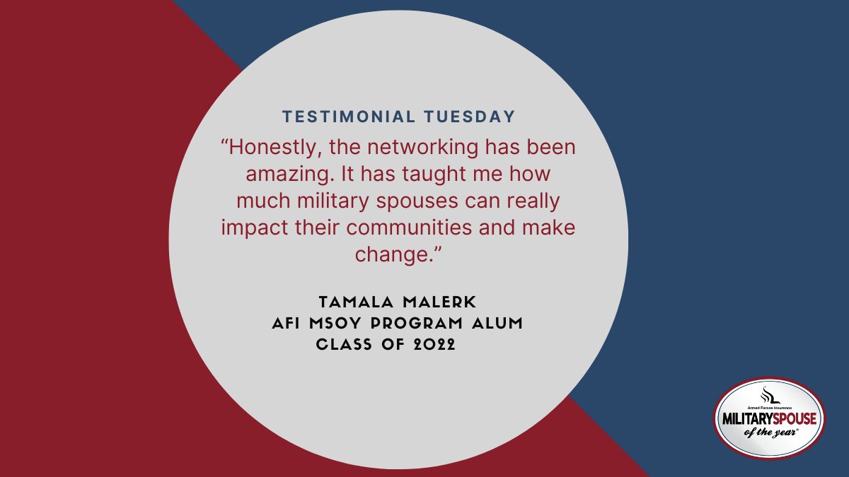 MilSpoOfTheYear's tweet photo. The AFI MSOY award recognizes military spouses’ important contributions and unwavering commitment to their community, but it’s so much more than an award! Take a look at what our AFI MSOY Alum, Tamala Malerk, has to say. #AFIMSOYFamily #MSOY22 https://t.co/s7J6HFweFC