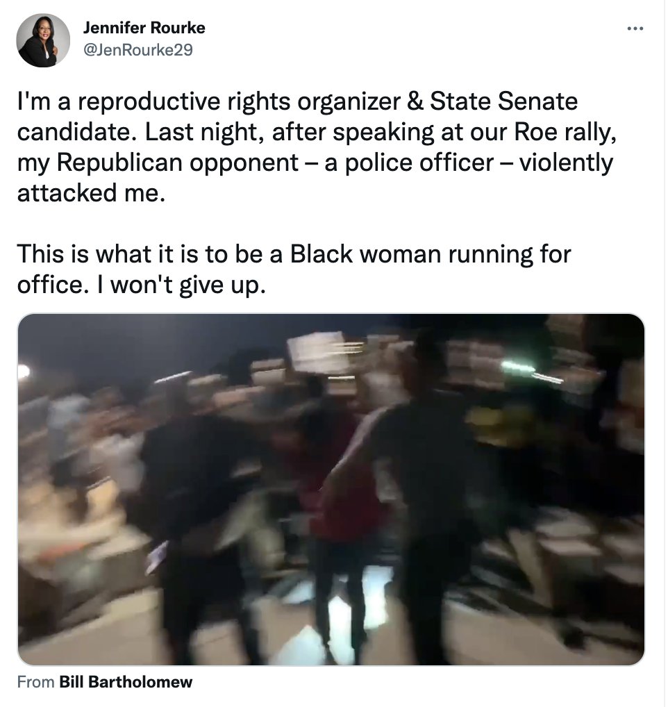 ajplus's tweet photo. A Rhode Island cop running for state Senate was charged with assault/disorderly conduct for repeatedly punching Democrat opponent Jennifer Rourke at an abortion-rights protest.

Jeann Lugo is on paid leave. Rourke said: "This is what it is to be a Black woman running for office." https://t.co/4lMDZMz1hf