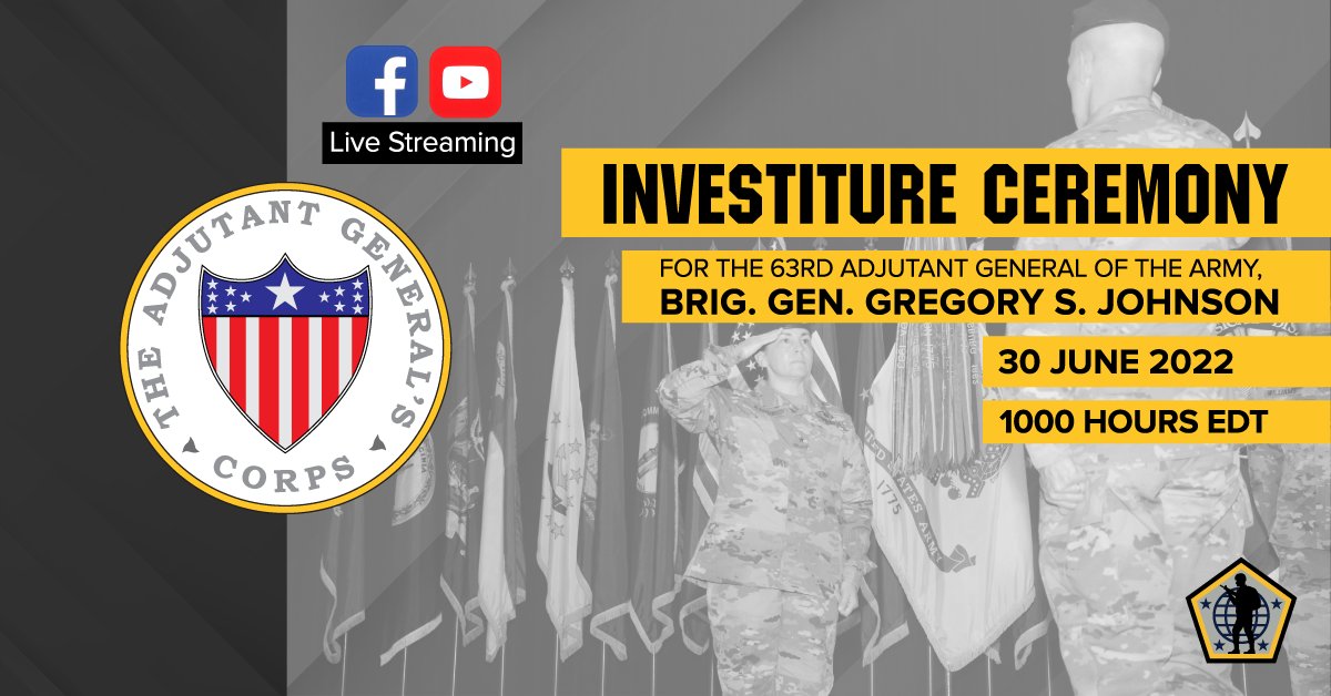 Join us at the #USArmyHRC Facebook page  or YouTube channel for a live steam of The Adjutant General investiture at 10:00 a.m. EDT this Thursday.