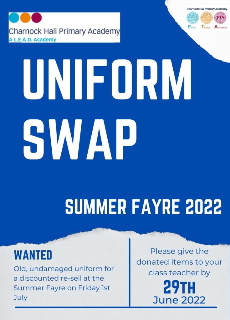 CHPA PTA (@chpa_pta) on Twitter photo Don’t forget to get your unwanted uniform into School tomorrow ready for the Uniform Swap at Friday’s <a href="/charnocklead/">Charnock Hall</a> Summer Fayre. #ReduceReuseRecycle Don’t forget to get your unwanted uniform into School tomorrow ready for the Uniform Swap at Friday’s <a href="/charnocklead/">Charnock Hall</a> Summer Fayre. #ReduceReuseRecycle