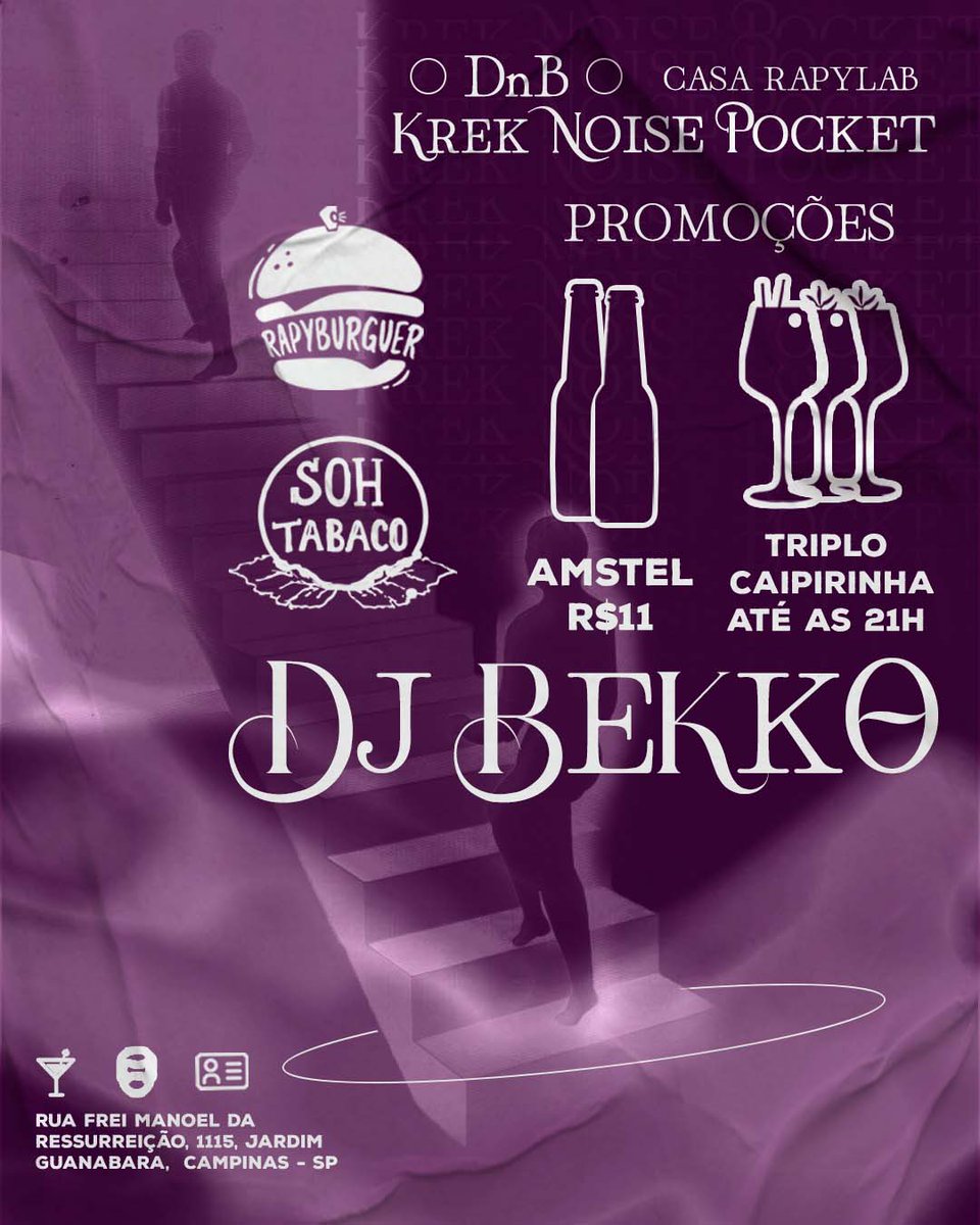 Rapylab19's tweet photo. Hoje tem Krek Noise Pocket, evento organizado pelo DJ Bekko e com muito Drum’n’Bass!

🎵 DJ Bekko 🎵 

✨ Promos ✨
- Triplo caipirinha até 21h
- Amstel R$11

⏰ Abertura 17h | Fechamento 23h ⏰

🍔🤤 Rapy Burguer 🍔🤤

🔥 Soh Tabaco 🔥

✅ Entrada free ✅ https://t.co/eIhccyPrw2