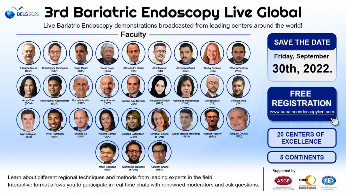 We are happy to announce that this year we will have 20 centers performing live cases!!!!!

Register now for free @ bariatricendoscopylive.com