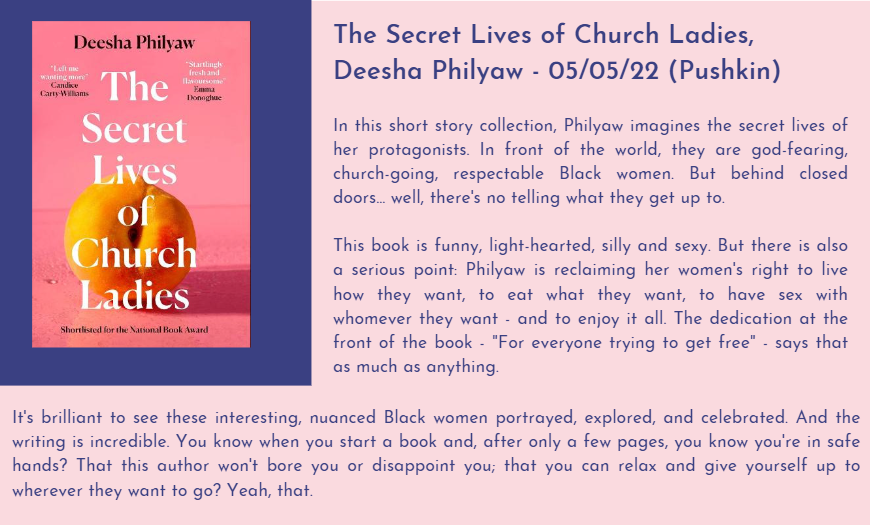 🍑Review: The Secret Lives of Church Ladies by @DeeshaPhilyaw 😍

Reviewed by @asjjones18 - thanks to @PushkinPress for the review copy!

#TheDebutDigest #debutbook #debut #reading #readingcommunity #bookreview #booktwt #booktwitter #whatimreading #TheSecretLivesOfChurchLadies