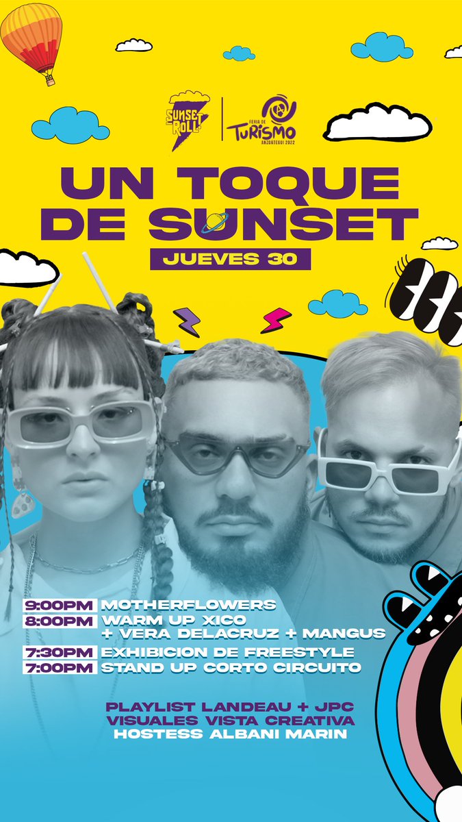 Pásame a busca' pa' vacilar a unos xulitos en UN TOQUE DE SUNSET este jueves 30 en la FERIA DE TURISMO ANZOÁTEGUI con ENTRADA LIBRE⚡

Unas risitas de <a href="/CortoCircuitoCC/">CortoCircuito</a> para comenzar sí cuadra. Luego, los <a href="/motherflowersss/">Motherflowers</a> y un chin de LACOSTA partirán la noche con su setlist⚡