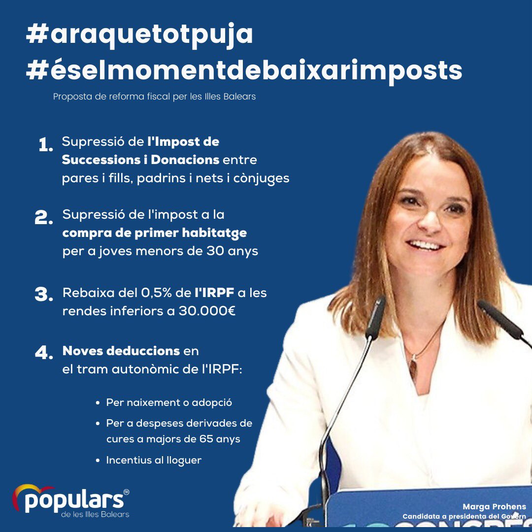 Armengol ni ho vol fer ni en vol xerrar.

Però el compromís de <a href="/MargaProhens/">Marga Prohens</a> és aprovar-lo els sis primers mesos de legislatura al 2023.

#araquetotpuja📈
#éselmomentdebaixarimposts📉