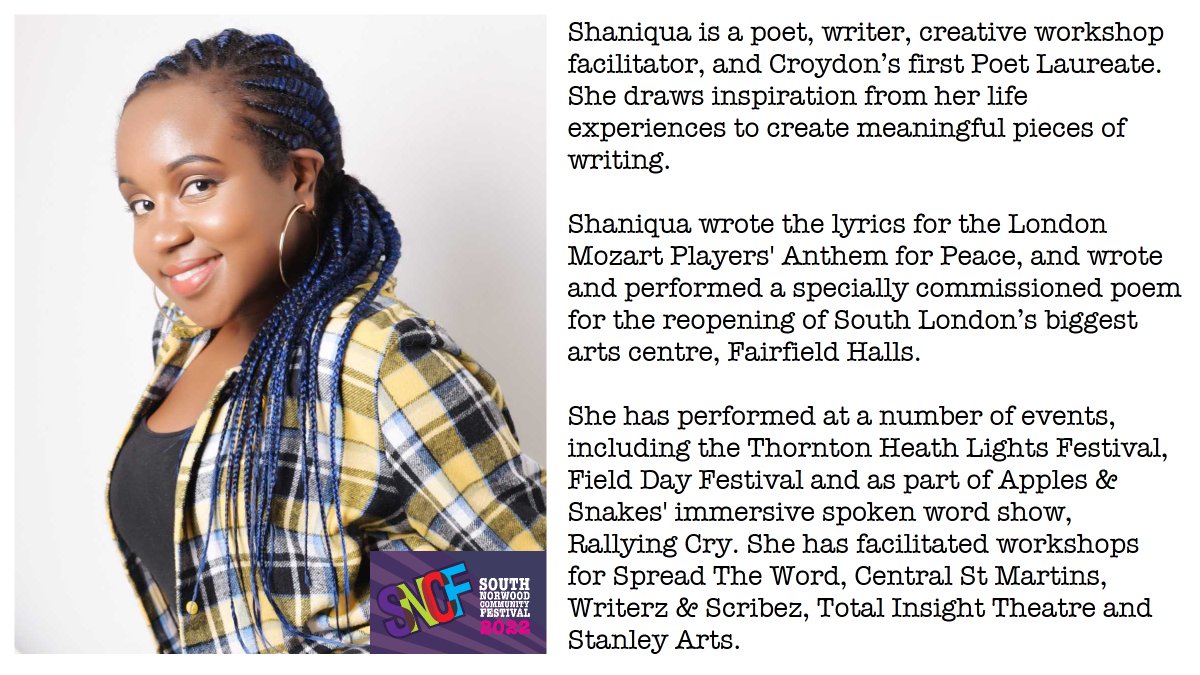 Shaniqua Benjamin will be performing at SNCFest2022!  She is a spoken word poet, writer &amp; creative workshop facilitator &amp; is also Croydon's first Poet Laureate.