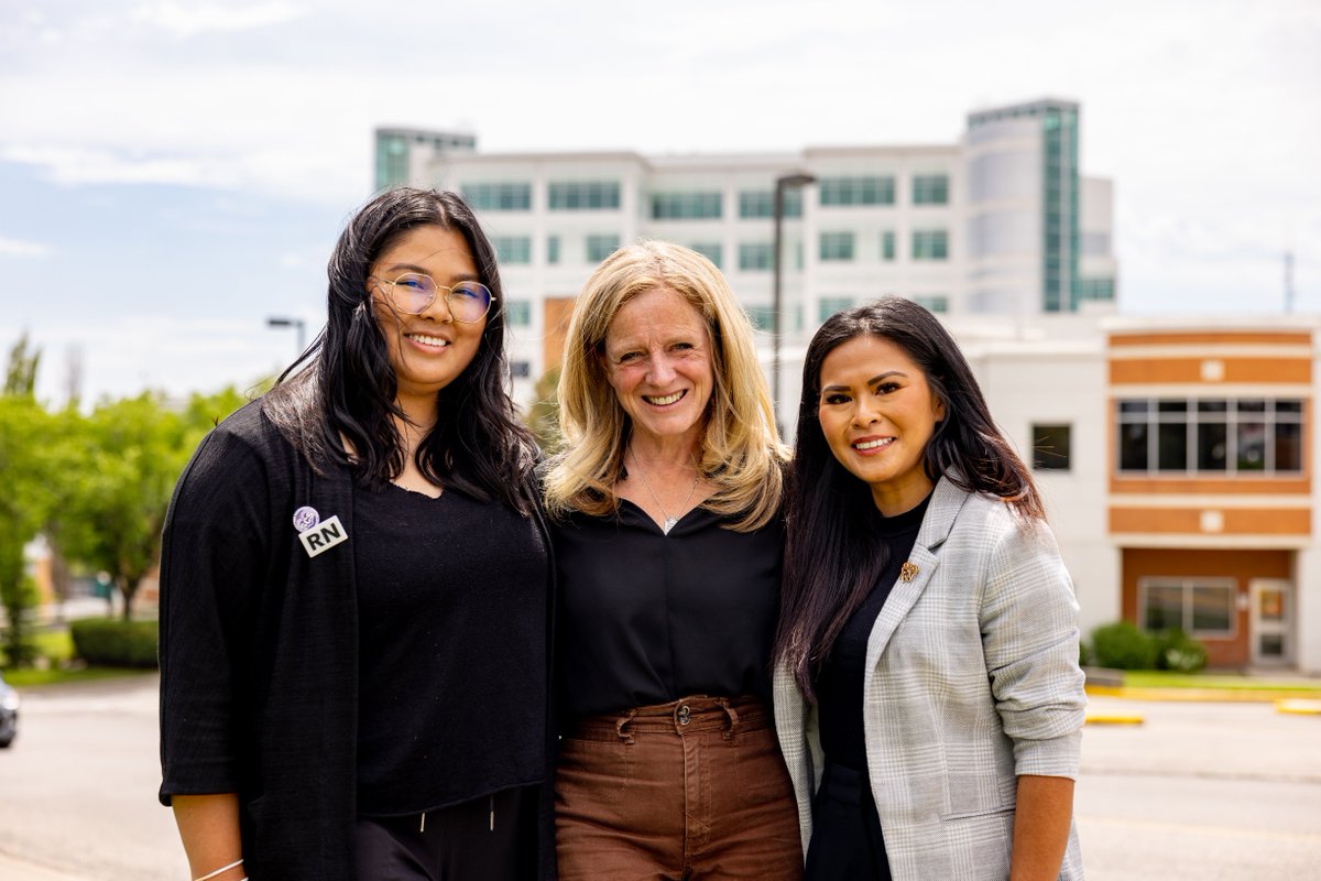 RachelNotley's tweet photo. Today I stood with Bernadette Brocal and Kaith Palmaria, two nurses at the Rockyview General Hospital, to call on the UCP to STOP their attacks on frontline workers, STOP the privatization,  and start reinvesting in the the public system Alberta families rely on. #abhealth https://t.co/vYoJ7pmOi9