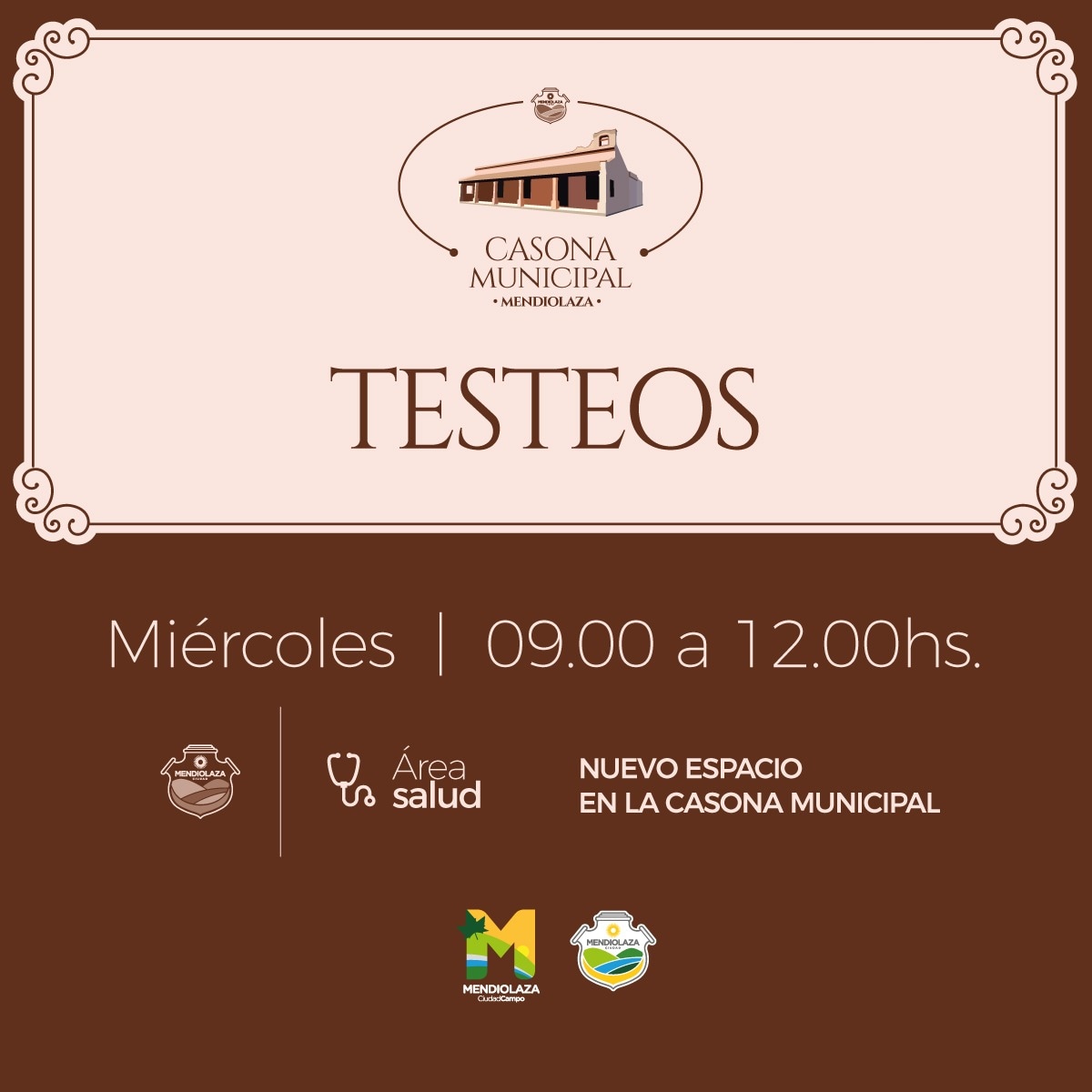 Actualizamos info de TESTEOS COVID-19 
🗓Todos los miércoles 
⏰De 09 a 12 hs
📌Casona Municipal