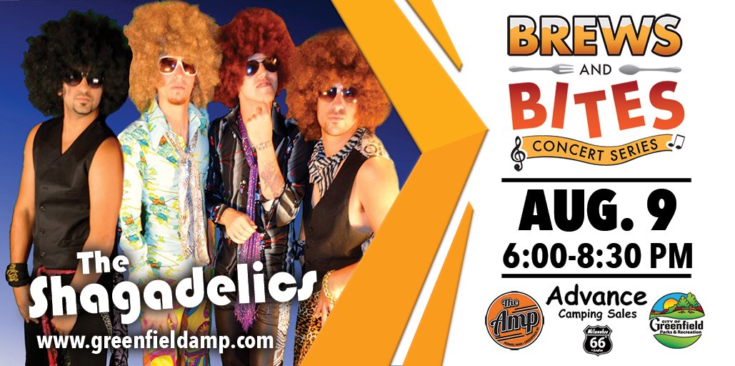 gfwiparksrec's tweet photo. The next Brews and Bites Concert is on Tuesday, August 9th, presented by Advance Camping Sales and featuring 70's disco band The Shagadelics. Scheduled food vendors Tots On The Street, Rollin Smoke, and Pedro's South American Food. https://t.co/35nMbkGZb1 https://t.co/DeSBbsXtC3