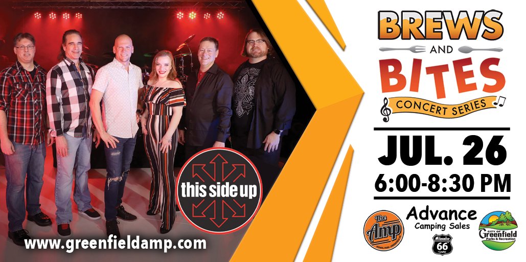 gfwiparksrec's tweet photo. The next Brews and Bites Concert is on Tuesday, July 26th presented by Advance Camping Sales and featuring power pop band This Side Up. Cold drinks at the AMP Haus and scheduled food vendors Clean Cruisine, Pedro's South American Food, and Billy Sims BBQ. https://t.co/35nMbkYA2z https://t.co/KWu9Wvdgrp