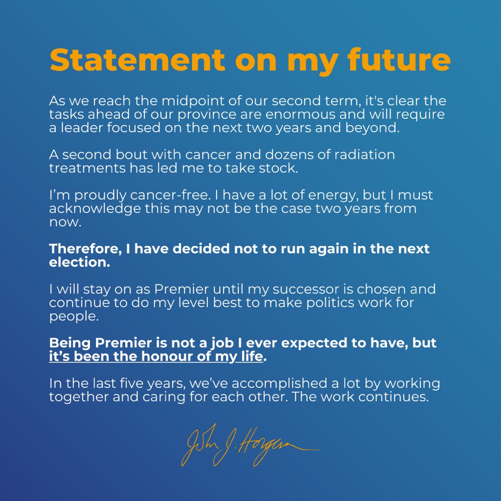 jjhorgan's tweet photo. Being the Premier of BC is not a job I ever expected, but it’s been the honour of my life.

Having just beat a second round of cancer, I’ve made the tough call not to run in the next election.

By working together and caring for each other, we've accomplished a lot. Thank you. https://t.co/L1svGi4JEW