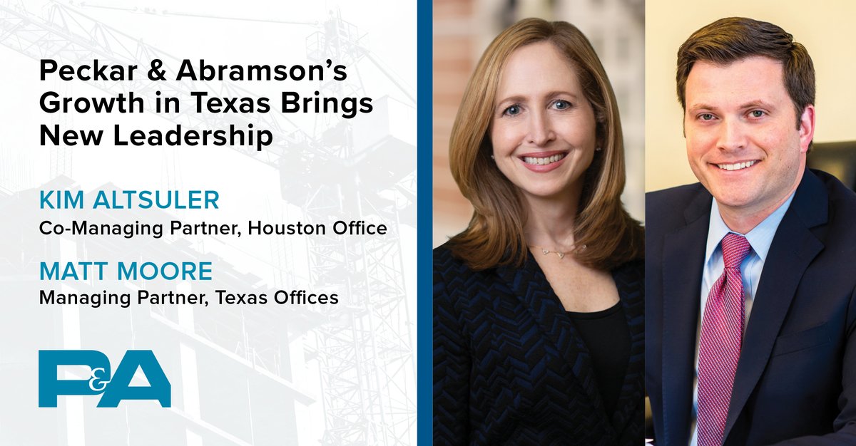 PeckarAbramson's tweet photo. P&amp;A is pleased to announce that Kim Altsuler has been named Co-Managing Partner of the firm’s Houston office &amp; Matt Moore has been named Managing Partner of the firm’s Texas offices: https://t.co/NiNmUsE4R7 #construction #constructionlaw #TXconstruction #PeckarAbramson https://t.co/h3gttzWqZr