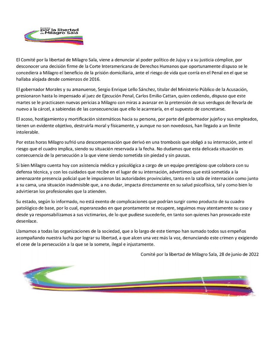 El acoso y hostigamiento sistemáticos hacia Milagro Sala por parte del gobernador jujeño Gerardo Morales y sus empleados tienen un evidente objetivo: destruirla moral y físicamente, y aunque no son novedosos, han llegado a un límite intolerable.

🔗 facebook.com/10005035231570…