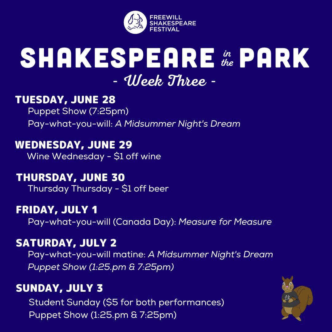 Happy Tuesday! Today is the last pay-what-you-will evening for 𝒜 𝑀𝒾𝒹𝓈𝓊𝓂𝓂𝑒𝓇 𝒩𝒾𝑔𝒽𝓉'𝓈 𝒟𝓇𝑒𝒶𝓂. Grab your ticket on site. 
Show starts at 8PM! - mailchi.mp/freewillshakes…