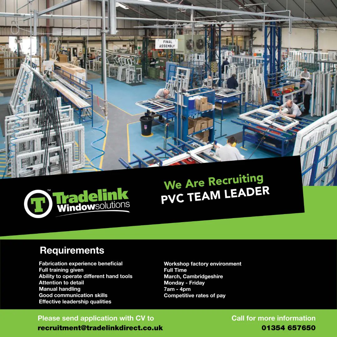 Are you looking for a new challenge? 👇

We are looking for a PVC Team Leader to join our friendly team in #March.

If you would like more information, or to apply - Email our team at recruitment@tradelinkdirect.co.uk

#Recruitment #JobOpening #WeAreHiring #Tradelink