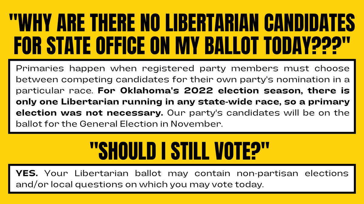 OklahomaLP's tweet photo. YES, Oklahoma Libertarians can vote today! Find the Oklahoma Voter Portal link in the comments below, and get a sneak preview of your own ballot.
#OKLP
#ElectionDay https://t.co/dC80zuWNrb