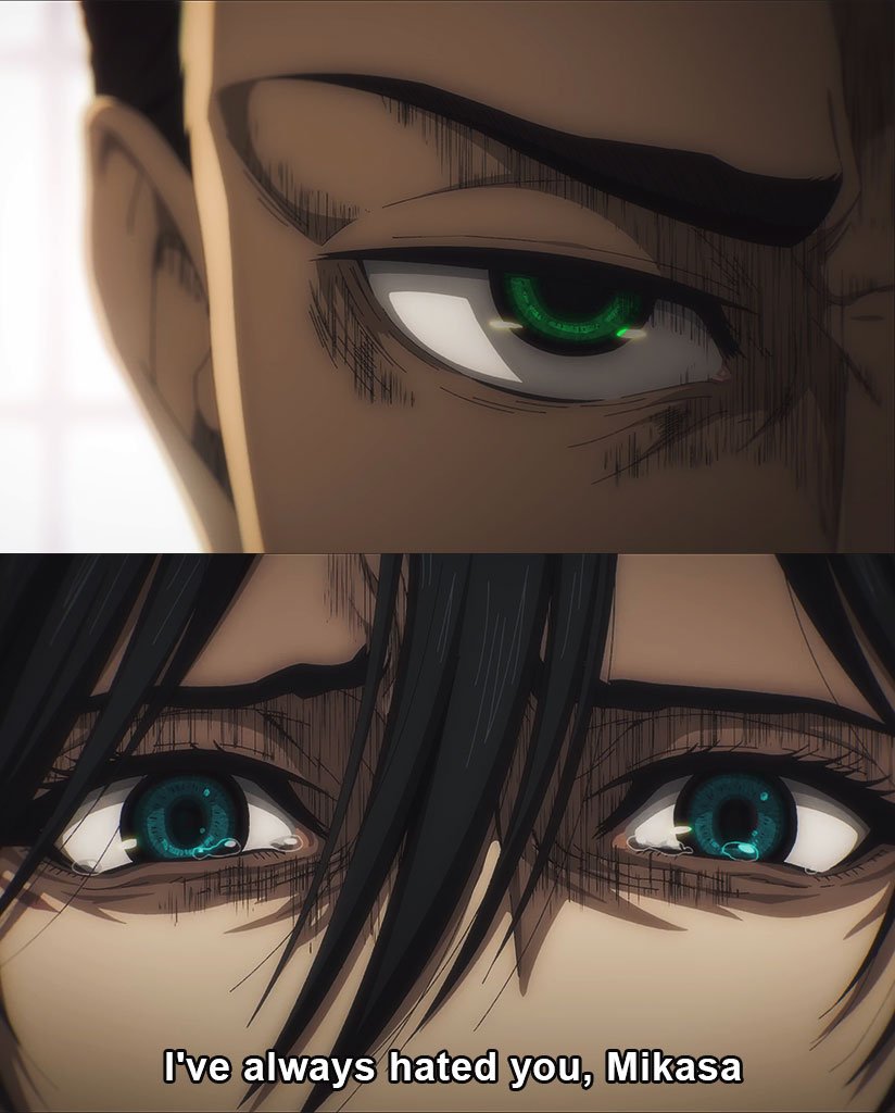 eren yeager eye focus green eyes black hair close-up english text subtitled multiple boys  illustration images