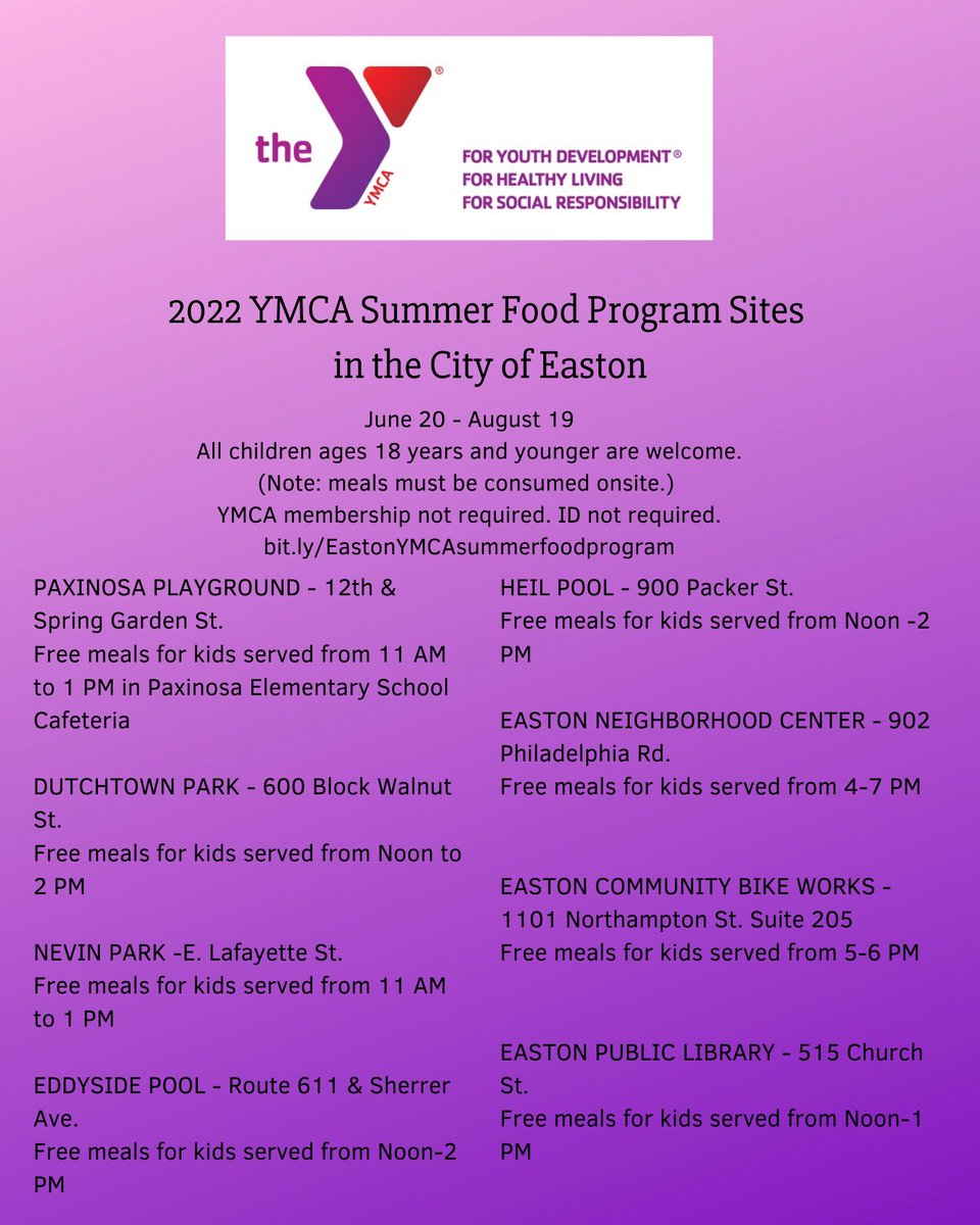 The Easton YMCA Summer Food Program provide free lunchtime meals for children ages 18 and younger at 8 city parks and pools on weekdays. You do not need to be a YMCA member to participate. #eastonpa #YMCA #cityofeastopna @GV_YMCA