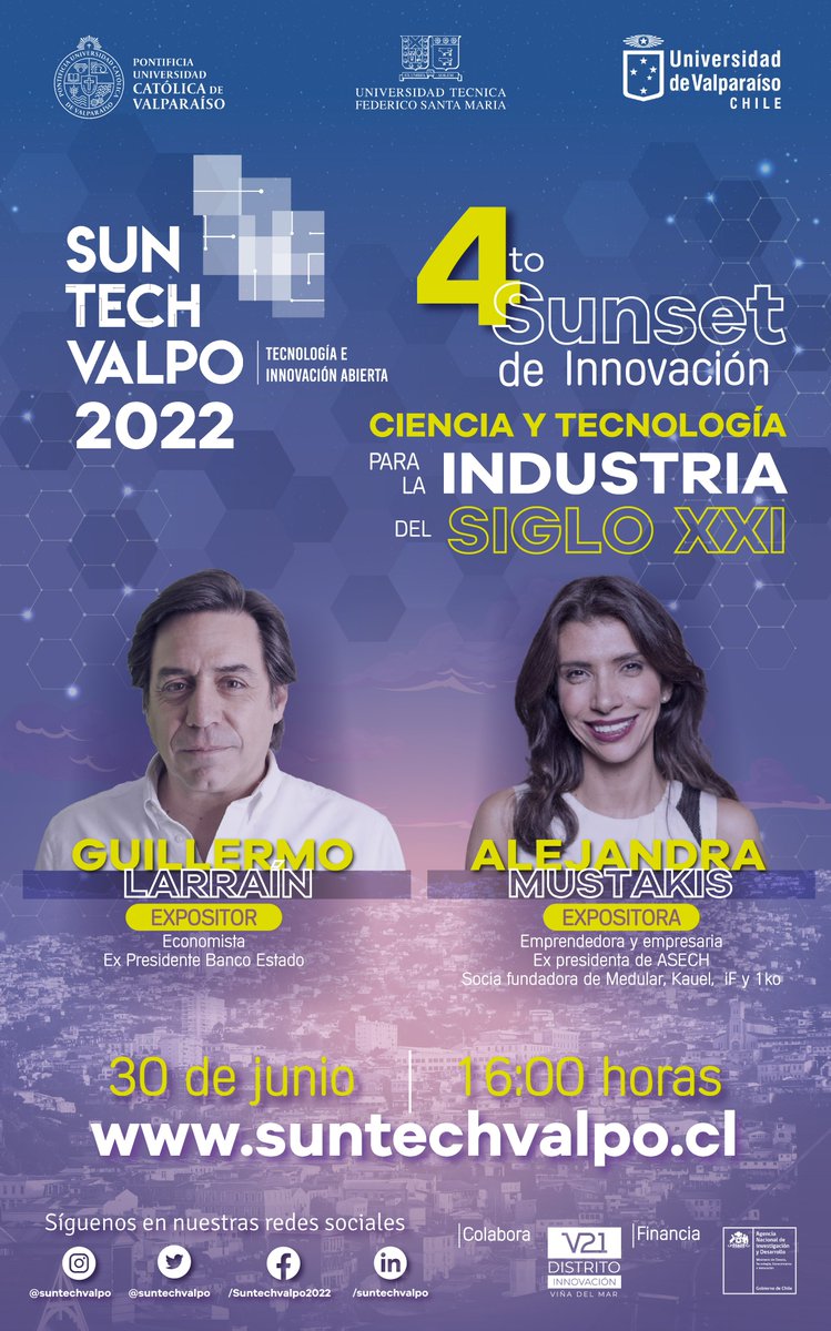 ¡Somos organizadores 💥 !
Inscríbete al 4to Sunset de Innovación <a href="/suntechvalpo/">Suntech Valpo</a> | Ciencia y Tecnología este jueves 30 de junio desde las 16 horas y súmate a las conferencias de <a href="/alemustakis/">alemustakis</a> y   <a href="/guillelarrain/">Guillermo Larrain</a> - IMPERDIBLES 
📌 Más información en suntechvalpo.cl