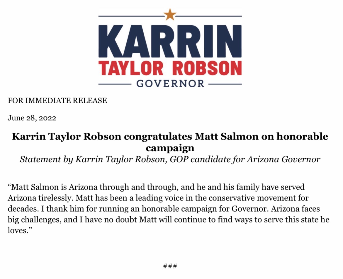 KTaylorRobson's tweet photo. I’ve known @MattSalmonAZ for years, and he is a good man who ran an honorable #AZgov campaign. 

Now, it is on ME to earn the trust - and votes - of his loyal supporters. And that is exactly what I intend to do.

Onward! https://t.co/xPpAZ0uBRm