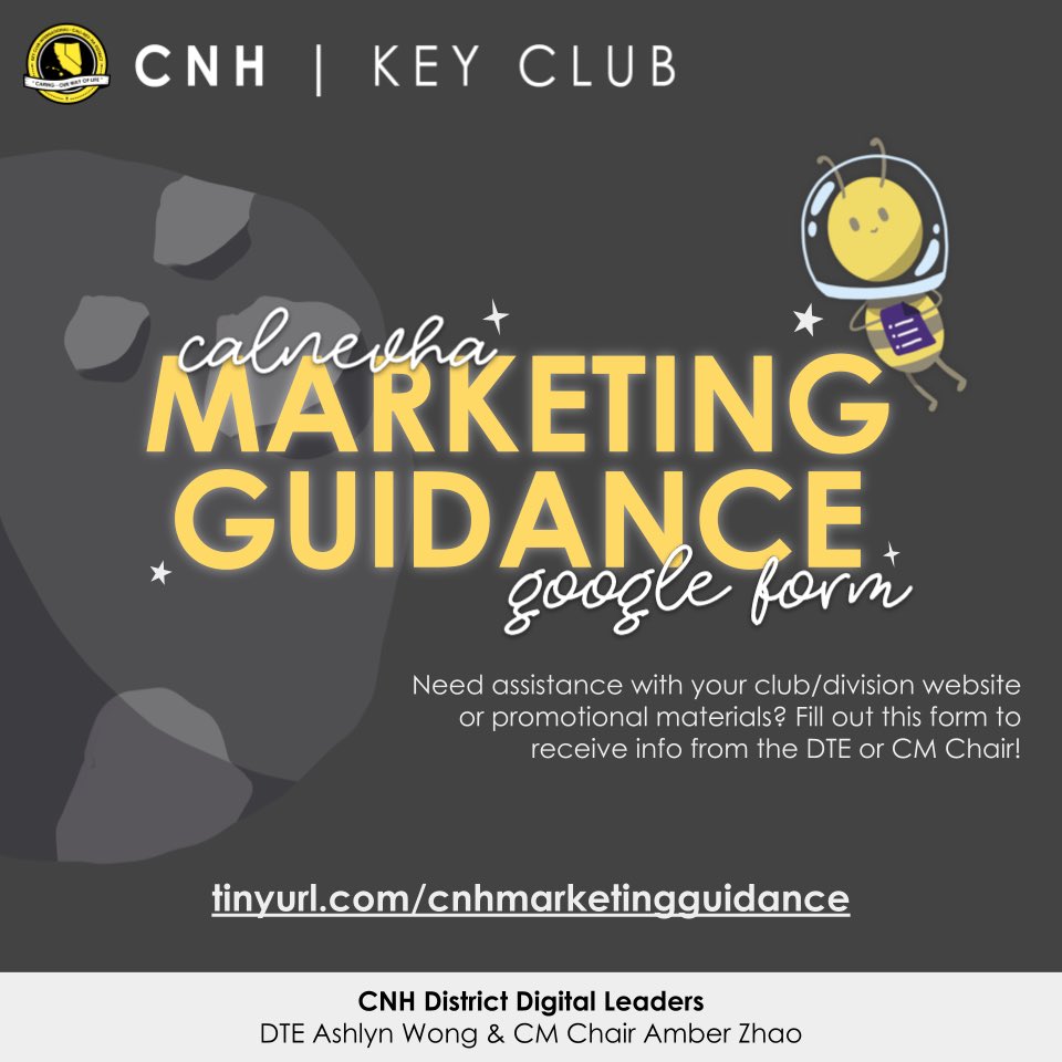 CNHKeyClub's tweet photo. Don’t know how to make your club/division website or promotional marketing materials out of this world? 🚀 You can now ask DTE  Ashlyn Wong or CM Chair Amber Zhao for feedback and advice!

Fill out the form at https://t.co/yjE4c2dWzK anytime throughout this term for assistance! https://t.co/jy9Fc64HYv
