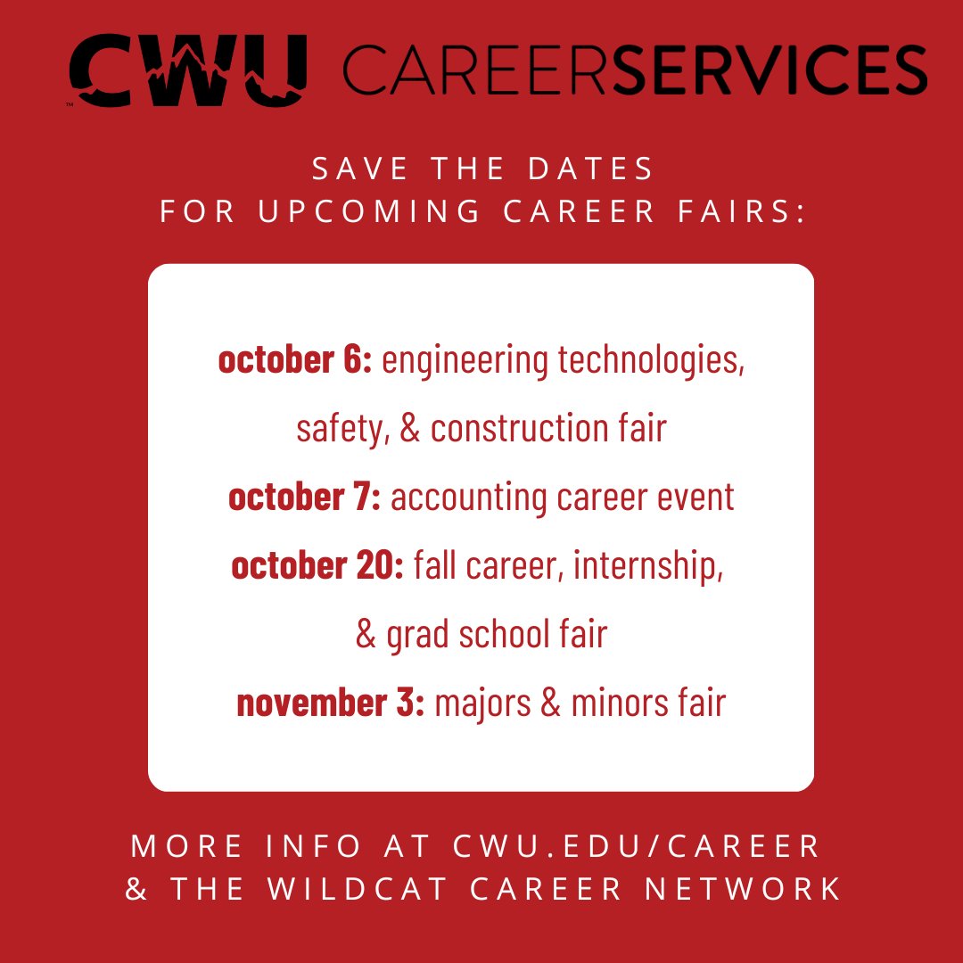 CWUCareer's tweet photo. Mark your calendar for fall career events!
Oct 6: Engineering Tech, Safety, & Construction Fair
Oct 7:Accounting Career Event
Oct 20:Career, Internship & Grad School Fair
Nov 3: Majors & Minors Fair
More details at https://t.co/iGX6jGzpKY!
#CWUACE #CWUETSC #CWUFallFair #CWUMajors https://t.co/S35PCDLqzy