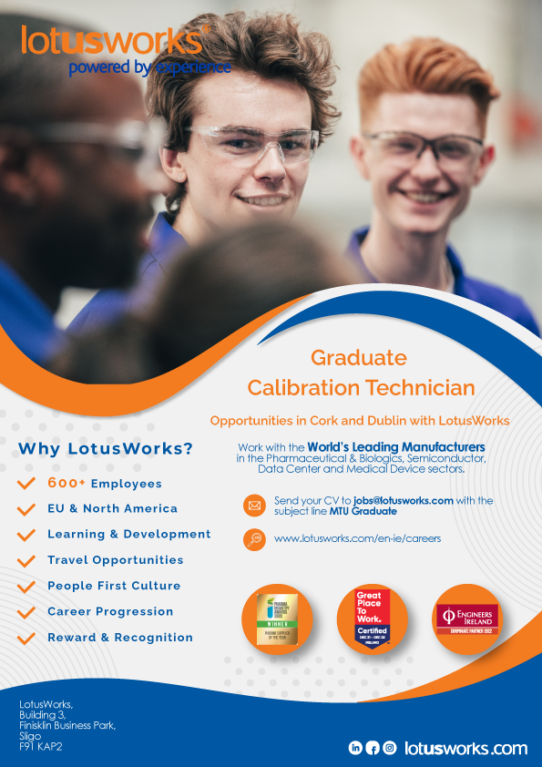 Checkout this Graduate Calibration Technician position with @_LotusWorks. Excellent opportunity for Instrumentation & #IndustrialPhysicsCork graduates. For more details call +353 71 91 69 783 or email jobs@lotusworks.com @MTUCareersCork @MTU_Alumni
