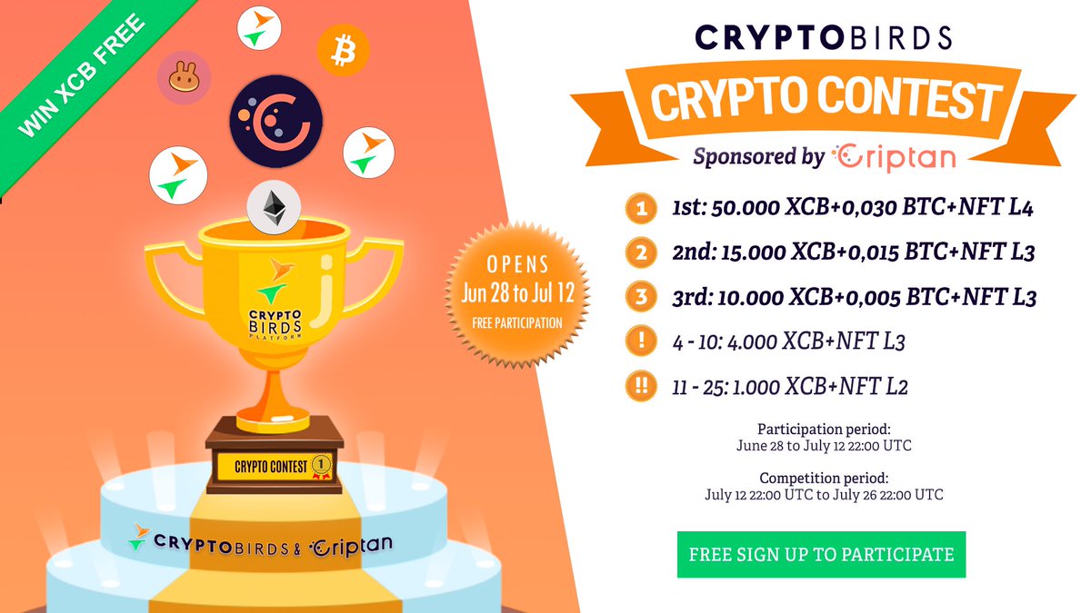 🏆 #CryptoContestCriptan Open

👉 on Crypto Birds Platform 

🌍 bit.ly/ContestCriptan

✅ #NFT Level 1 for ALL participants

✅ Big Prizes in #BTC &amp; #XCB

✅ Prizes for the Top 25

Sponsored by: <a href="/criptanapp/">Criptan</a>

#cryptobirds #cctip @cctip_com draw 0.01 BNB 500 #collaborate2earn