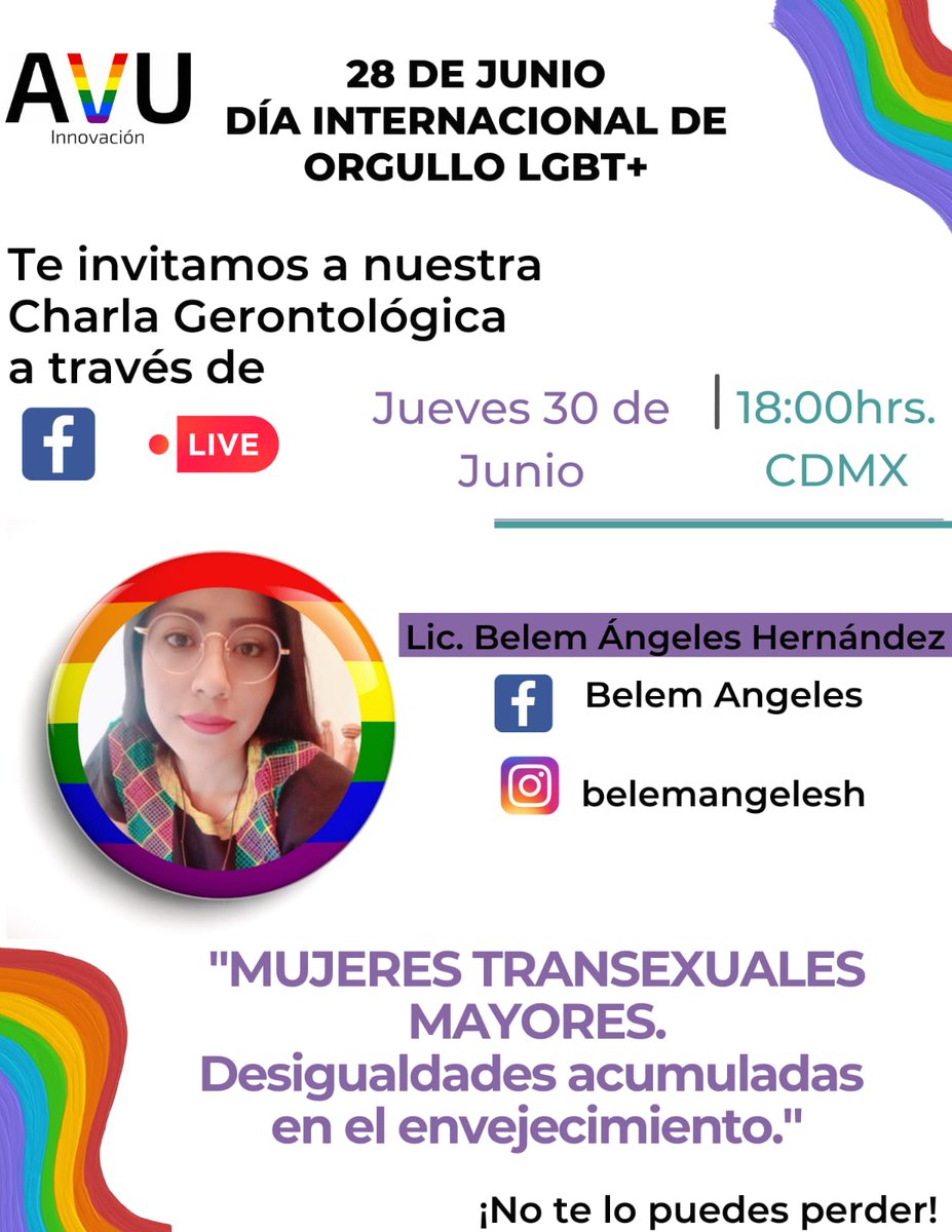 avuiap's tweet image. En el marco del Día Internacional de la Comunidad LGBT, les invitamos a nuestro live con la Licenciada en Sociología Belém Ángeles, que nos compartirá parte de su investigación.

#Todossomosavu #AVU #avudiversidad #lgtbq #mespride🏳️‍🌈 #pride #vejeceslibres #vejezlgtb #ComunidadLGBT