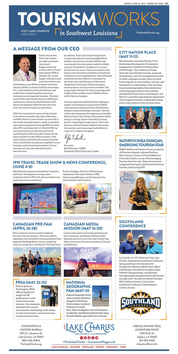 Extra, extra!📰 Tourism Works in Southwest Louisiana hit the shelves on Sunday, June 26th in the @americanpress!

Read the digital version here: lakecharles.dirxionpages.net/American-Press…
#VisitLakeCharles #LouisianasPlayground #MeetLakeCharles