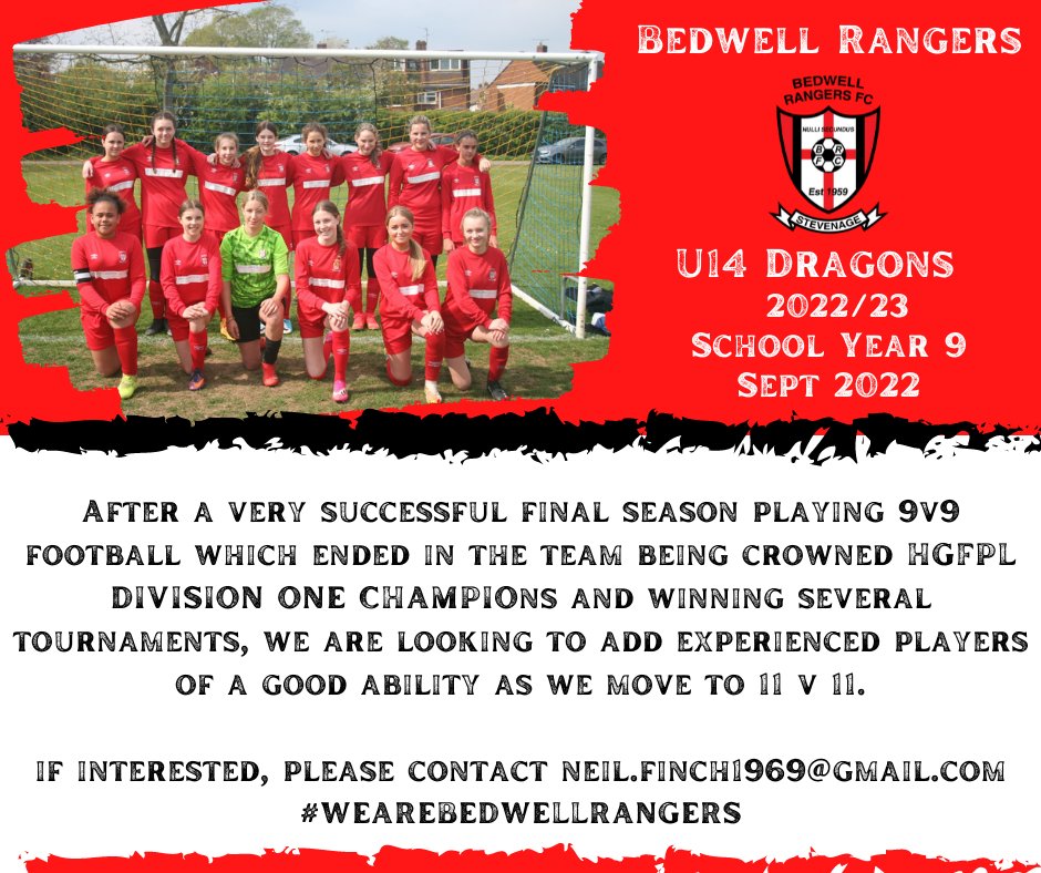 Dragons are looking for additional players as we move up to 11v11 football next season.

If you are interested, please contact us....

#WeAreBedwellRangers #GirlsFootball #ThisGirlCan #SquadBooster