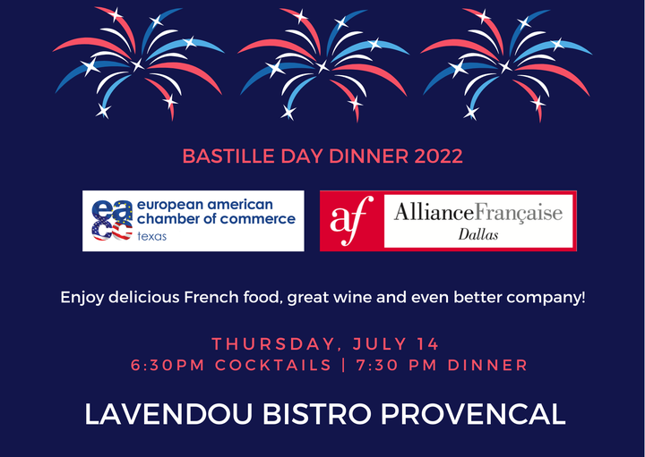AllianceDallas's tweet photo. [EVENT] Join us and @EaccTexas for Bastille Dinner 2022🎆🍽 Come to enjoy a delicious French dinner, great wine @Lavendou !

WHEN: Thursday, July 14th at 6:30pm
➡️SIGN UP: https://t.co/rKn6hx6KYZ
**Discount for AFD Members!

#afdallas #EACC #alliancefrancaise #bastilledinner22 https://t.co/YjvPO1gb07