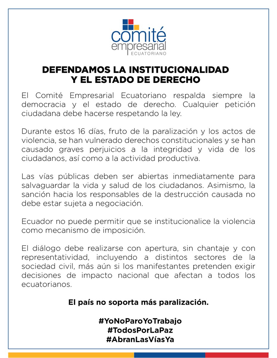 CeEcuatoriano's tweet photo. Defendamos la institucionalidad y el estado de derecho.

#YoNoParoYoTrabajo
#TodosPorLaPaz
#AbranLasVíasYa https://t.co/3AL3xA5BLT