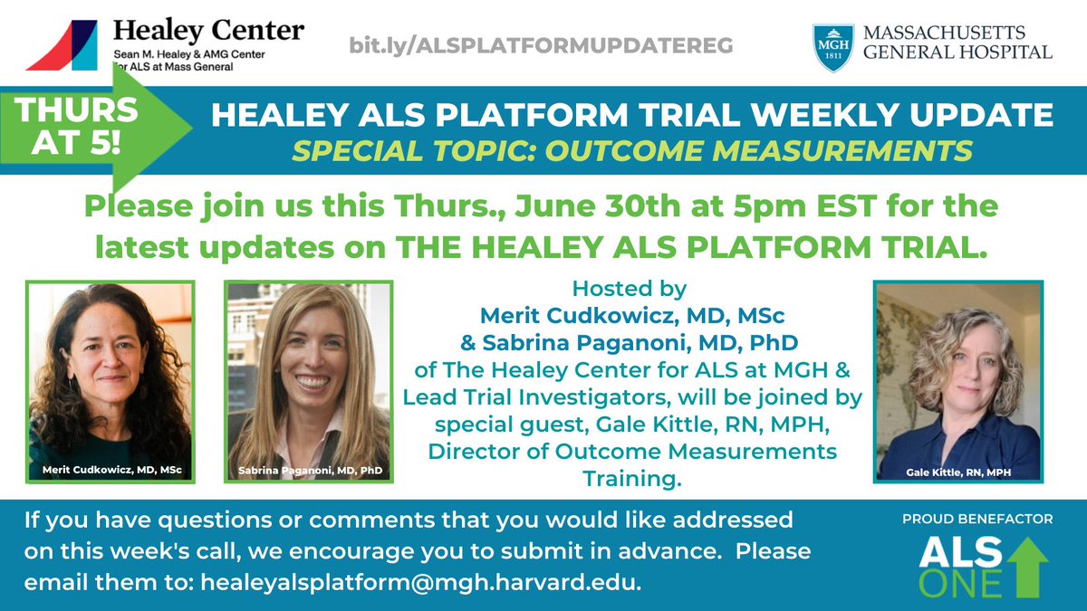 alsone_official's tweet image. #OutcomeMeasurements will be the special topic on this Thurs' Healey #ALSPlatformTrial wkly update webinar, hosted by @MeritCudkowicz &amp;amp; @PaganoniMDPhD, who'll b joined by special guest, Gale Kittle, RN, MPH, Dir. of Outcome Measurements. Reg@ bit.ly/ALSPLATFORMUPD…
#EndALS #Hope