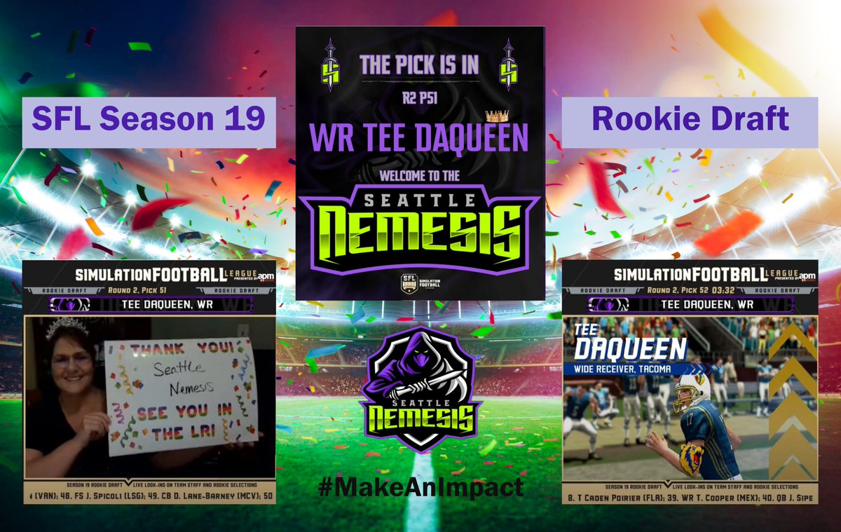 As the festivaties and confetti start to settle. Here's my HUGE Thank you to the @SeattleNemesis of choosing me as their WR! Let's get that road paved to Championship Lane!!
#Darkside #cloakanddagger #nemesis
<a href="/simulationfl/">Simulation Football League</a> <a href="/TacomaGrizzSFLm/">Tacoma Grizzlies</a>