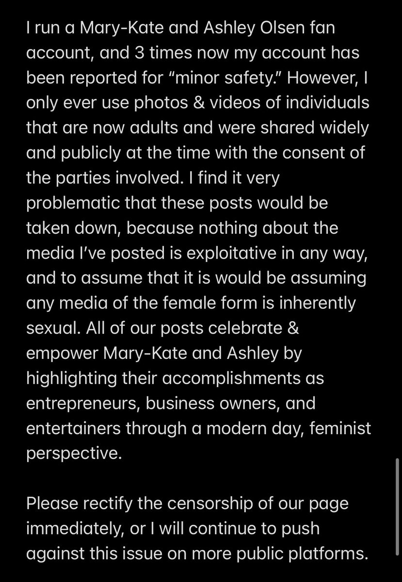 lanilee223's tweet photo. @tiktok_us you keep flagging my feminist Mary-Kate and Ashley fan account for “minor safety” and I find it very problematic. Please take these warnings off our account and stop censoring our page ASAP https://t.co/oxnhkK47zN
