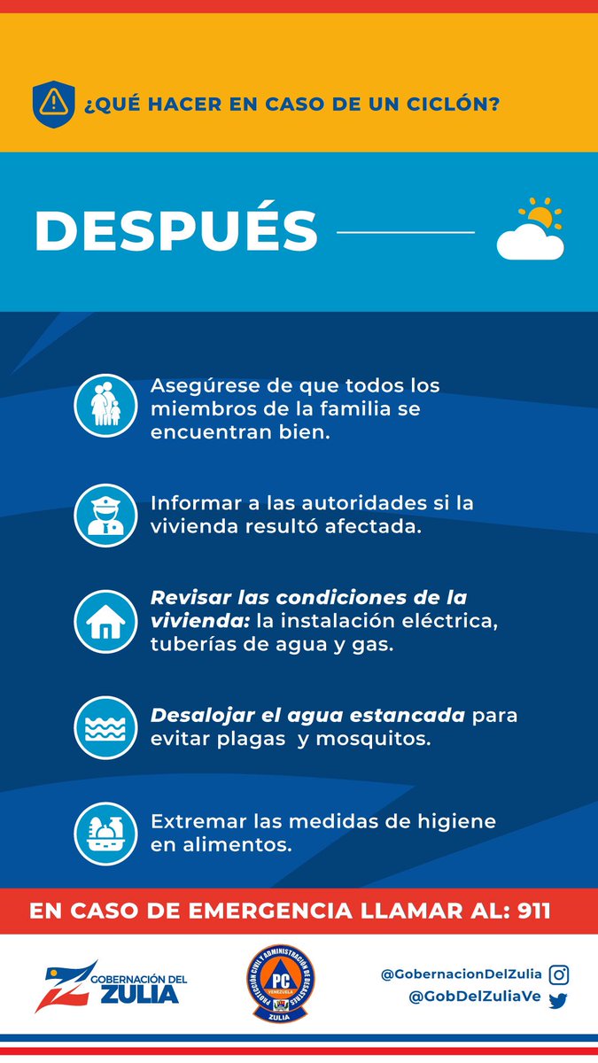 Los zulianos deben estar alerta con las medidas preventivas nacionales, ante un Potencial Ciclón Tropical Dos. 

Trabajando en conjunto el gobierno nacional, regional y municipal nos mantenemos en alerta para atender las contingencias que se presente en nuestro estado. #28Jun