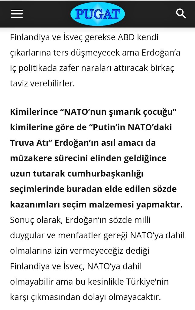 Tam da 1 Haziran'da PUGAT'ta yazdığımız gibi oldu... Bugün Türkiye, İsveç ve Finlandiya'nın NATO üyeliğini desteklediğine dair 'metni' imzaladı. 
#NATO #Erdogan #MadridNATO22