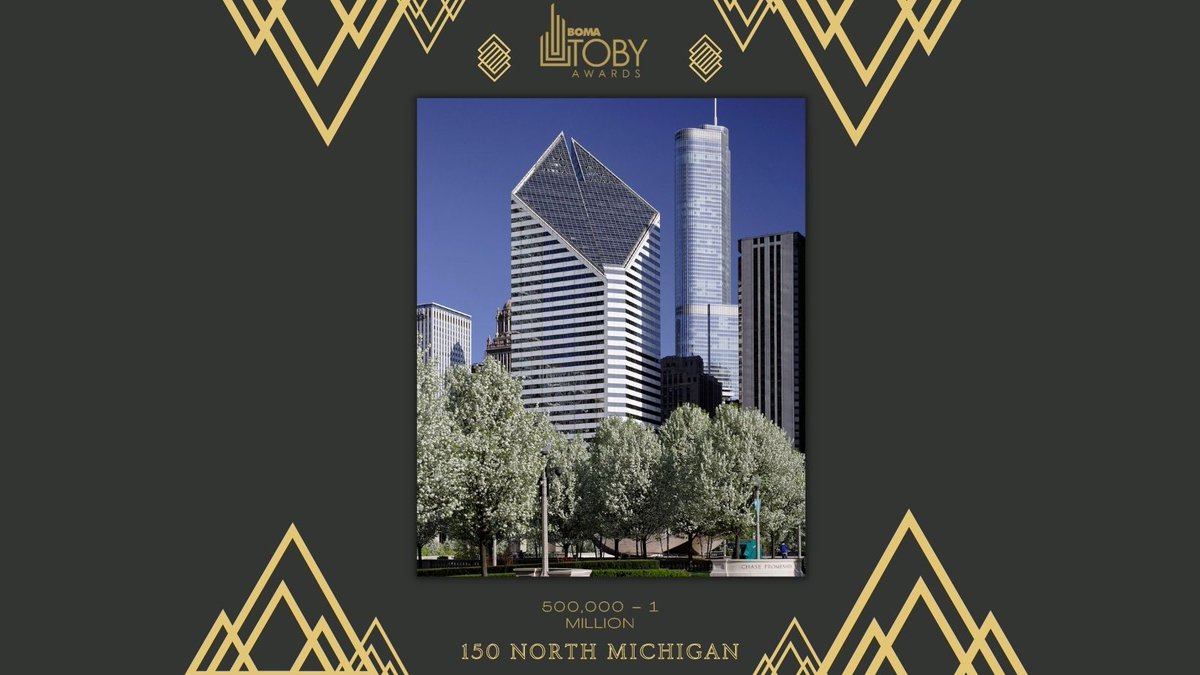 Congratulations to 150 North Michigan for winning the #TOBYAward in the 500,000-1 Million Square Feet category! Managed by <a href="/CBRE/">CBRE</a>, this #BOMA360-designated property is located in the ♥ of the Chicago Loop. Celebrate your win with some deep-dish pizza! #CRE #TOBYAwards #BOMA2022