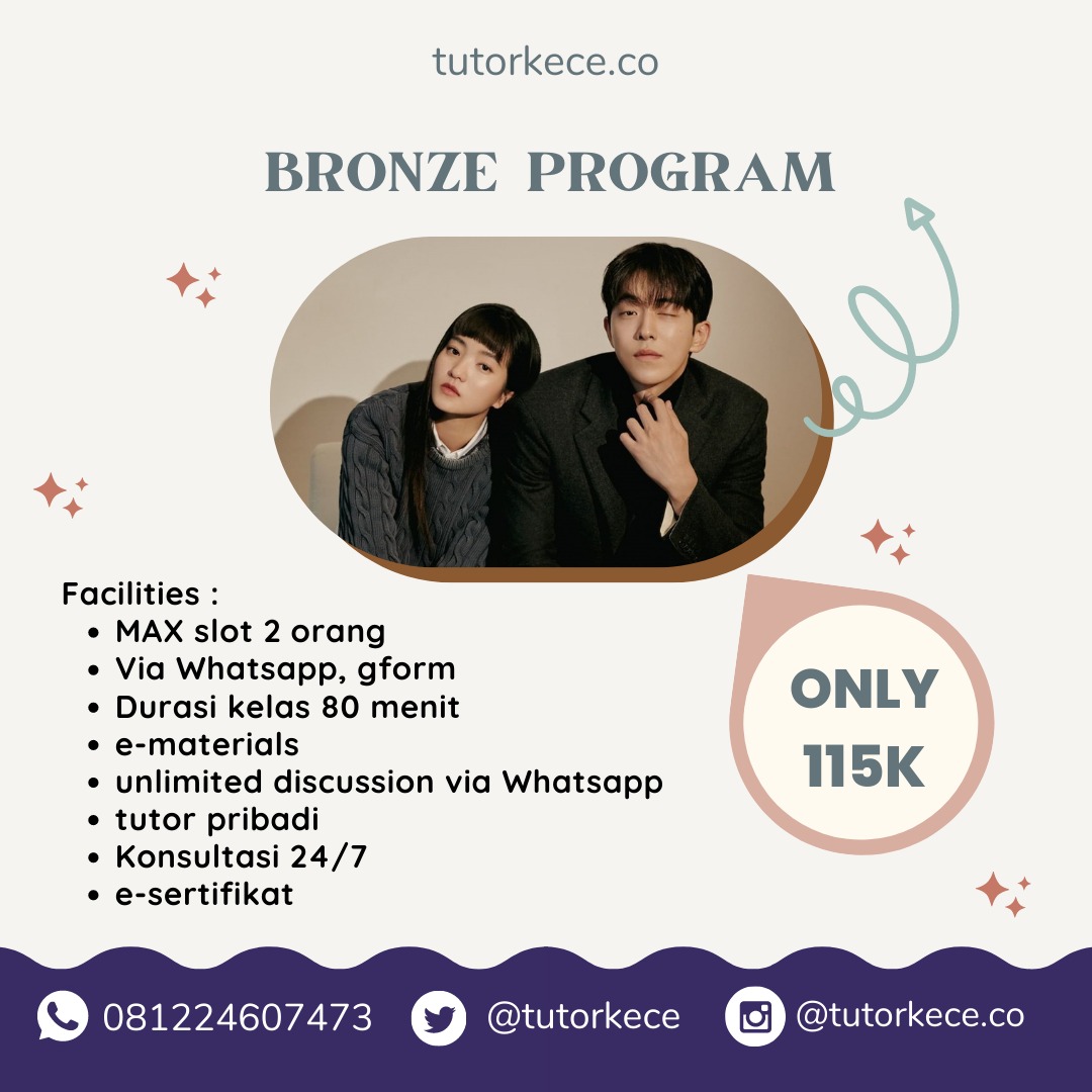 tutorkece's tweet photo. Les bahasa korea murah tapi ga murahan di @tutorkece dongg! Daftar yuk~
•••
#zonauang #zonauangᅠ #zonajajan #zonacuan #lesbahasakorea #lesbasing #materipas #studytwt #studyacc #zonaba #speaking #listening #bimbelonline https://t.co/P7usqy5fyh