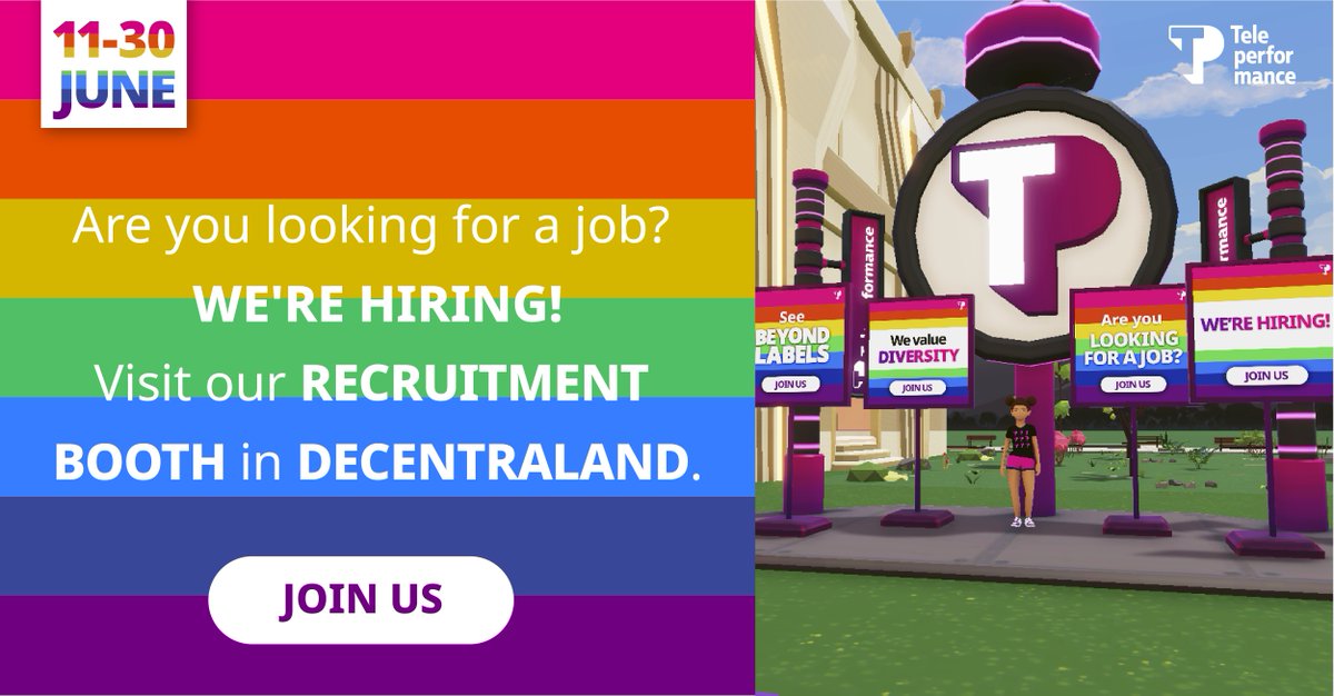 wearetpgroup's tweet photo. Have you visited our recruitment booth in @decentraland yet? Don’t miss out our amazing Pride event in @decentraland! Visit us until June 30, and apply to join our team: https://t.co/gWey6Gfsfe #PrideMonth #TPPride #DiversityMatters https://t.co/6GmCECThW2