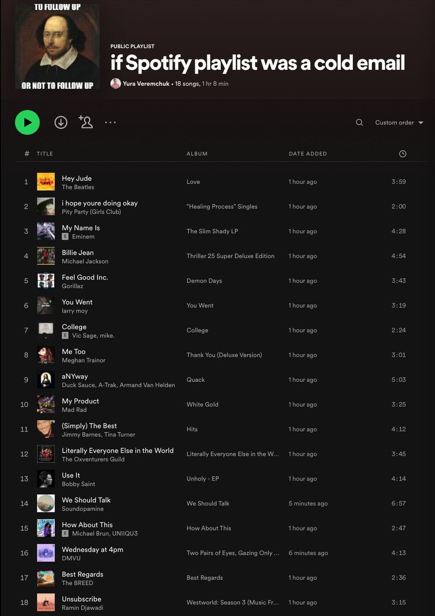 warikoo's tweet photo. If Spotify playlist were a cold email :)))

Via @yuriiveremchuk https://t.co/F6a2qLwN8R