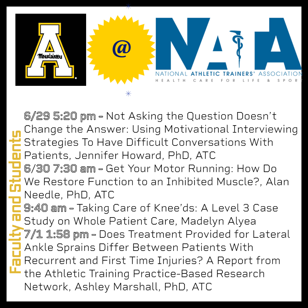 Are you in Philly for this year's NATA convention? If so check out these great sessions from our faculty and students!
Comment here to let other alumni know who's around!
<a href="/bchsappstate/">BCHS@appstate</a> 
<a href="/DrNeedleATC/">Alan Needle</a> 
<a href="/JSebertHoward/">Jennifer S. Howard</a> 
<a href="/ash_n_marshall/">Ashley Marshall</a> 
#NATA2022
#NATAFreeCommunications