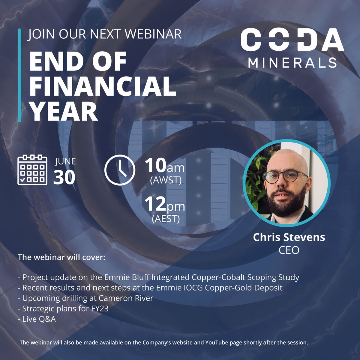 CodaMinerals's tweet photo. Coda Minerals would like to invite you to an end of financial year webinar hosted by CEO, Chris Stevens. Thursday 30 June, 10am (AWST) – 12pm (AEST). Join us here https://t.co/A3tVh5ojc0 
#COD #mining #miningaus #copper #stockmarket #investors #asxmarket #exploration https://t.co/KVsGp0Pjku