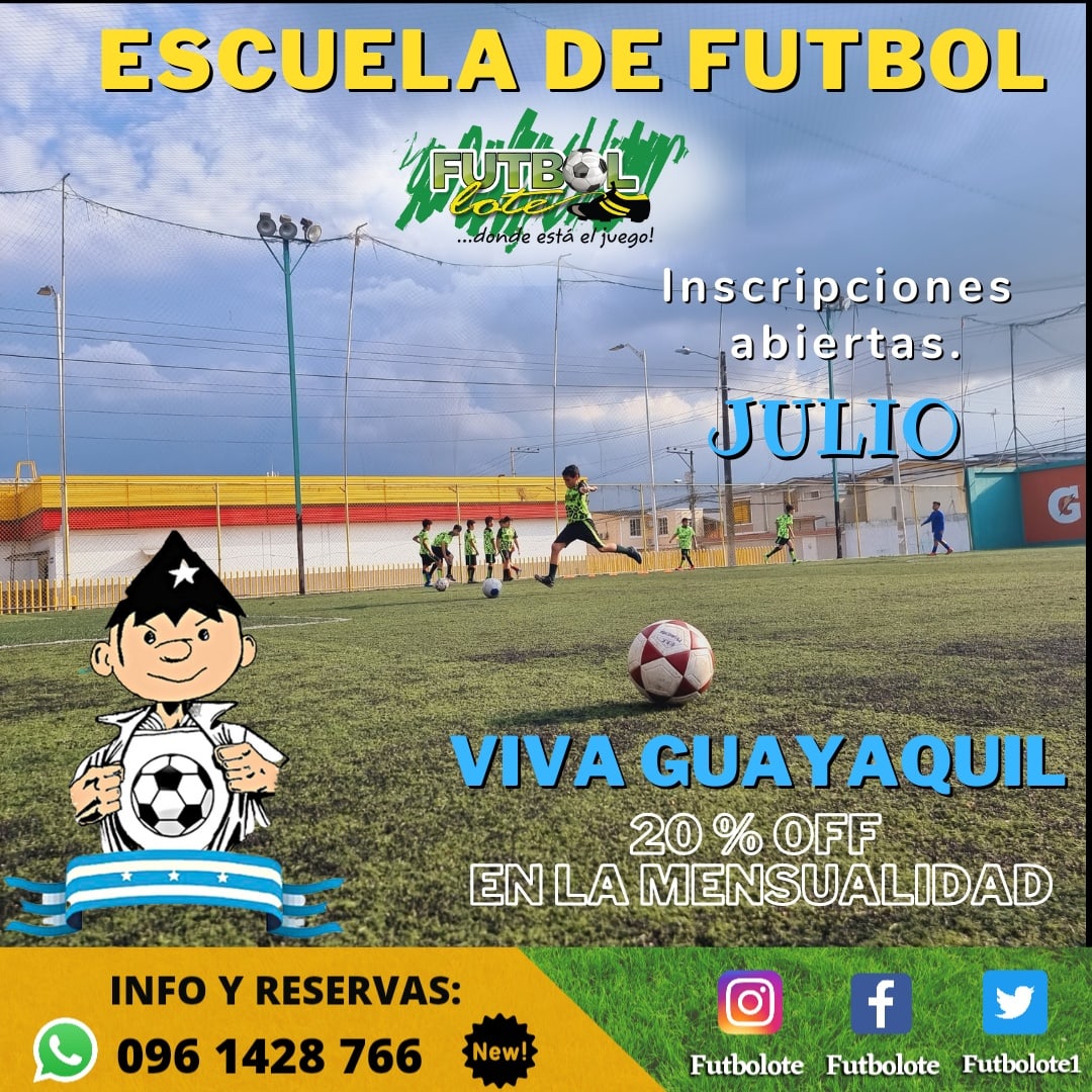 Celebra las fiestas de Guayaquil con nosotros‼️ 
Aprovecha este super descuento en la mensualidad de julio en la escuelita de fútbol ⚽️

Información y Reservas:
0961428766 WS
Guayaquil cdl. Mucho lote 1, Mz 2673 Solar 1, entrando por villa España junto al Super Aki

Te esperamos.