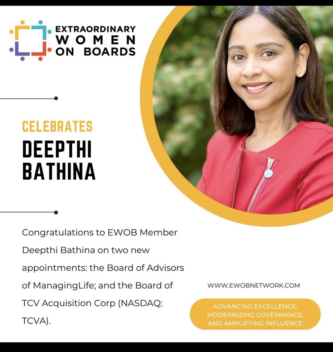 Thanks to Extraordinary Women on Boards (EWOB) for this celebration and I am honored to be the member of this great group of leaders! For those hearing about EWOB for the first time, it is a private membership community for senior executives actively serving on corporate boards.