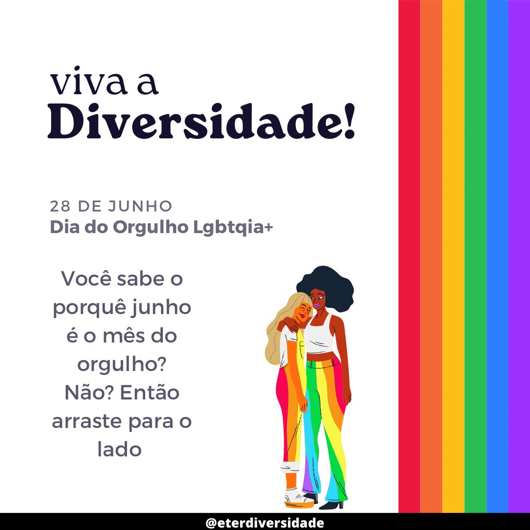 eterdiversidade's tweet photo. Hoje, dia 28 de Junho, é o dia Internacional do Orgulho LGBTQIA+! Esta data, celebrada
em todo o planeta, tem o objetivo de conscientizar a população sobre a construção de uma sociedade diversa, onde todes sejam aceitos, independente de sua sexualidade ou identidade de gênero. https://t.co/7cgXsSXU9F