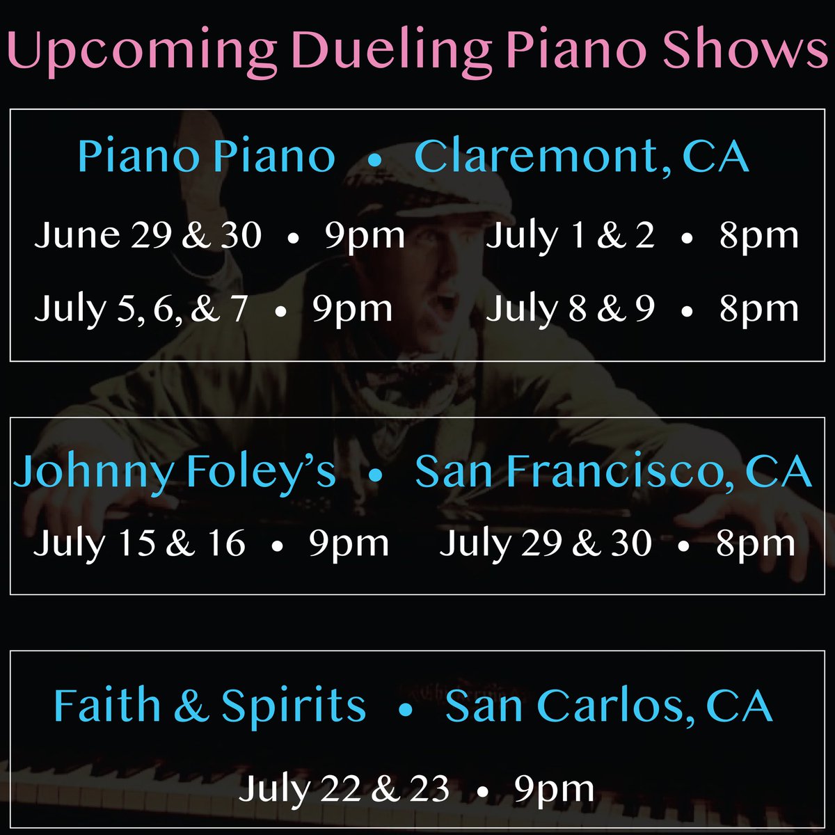 Plenty of chances to catch me over the next month! 

#professional #musician #duelingpianos #livemusic #allrequestshow #gayboy #lgbtqia #singer #piano #coversongs #nightlife #claremontca #sanfrancisco #sancarlosca