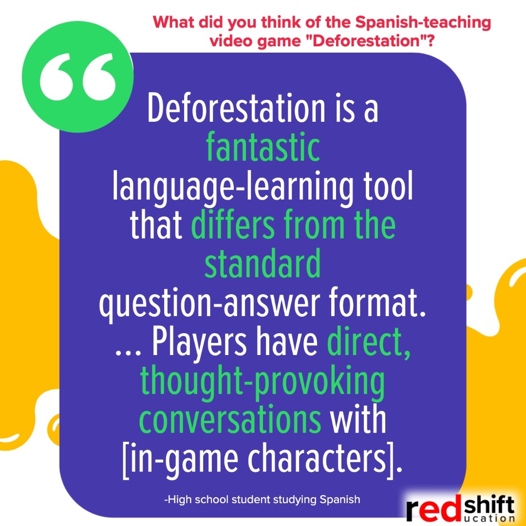RedshiftEduc's tweet image. We love getting testimonials like this one 🥰 about our our newest Spanish learning adventure game, Deforestation!

LEARN MORE: redshift-education.com/store/buy-defo…

#learnspanish #learningspanish #speakingspanish #spanishlanguage #speakspanish #spanishlessons #edtech #gamification #langchat